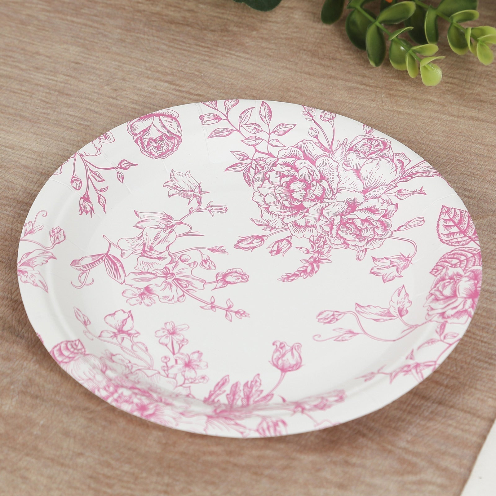 25 - Pack Paper 7" Round Dessert Plates in White with Matte Pink French Toile Pattern - Disposable Floral Salad Appetizer Plates - Bell Racket Store