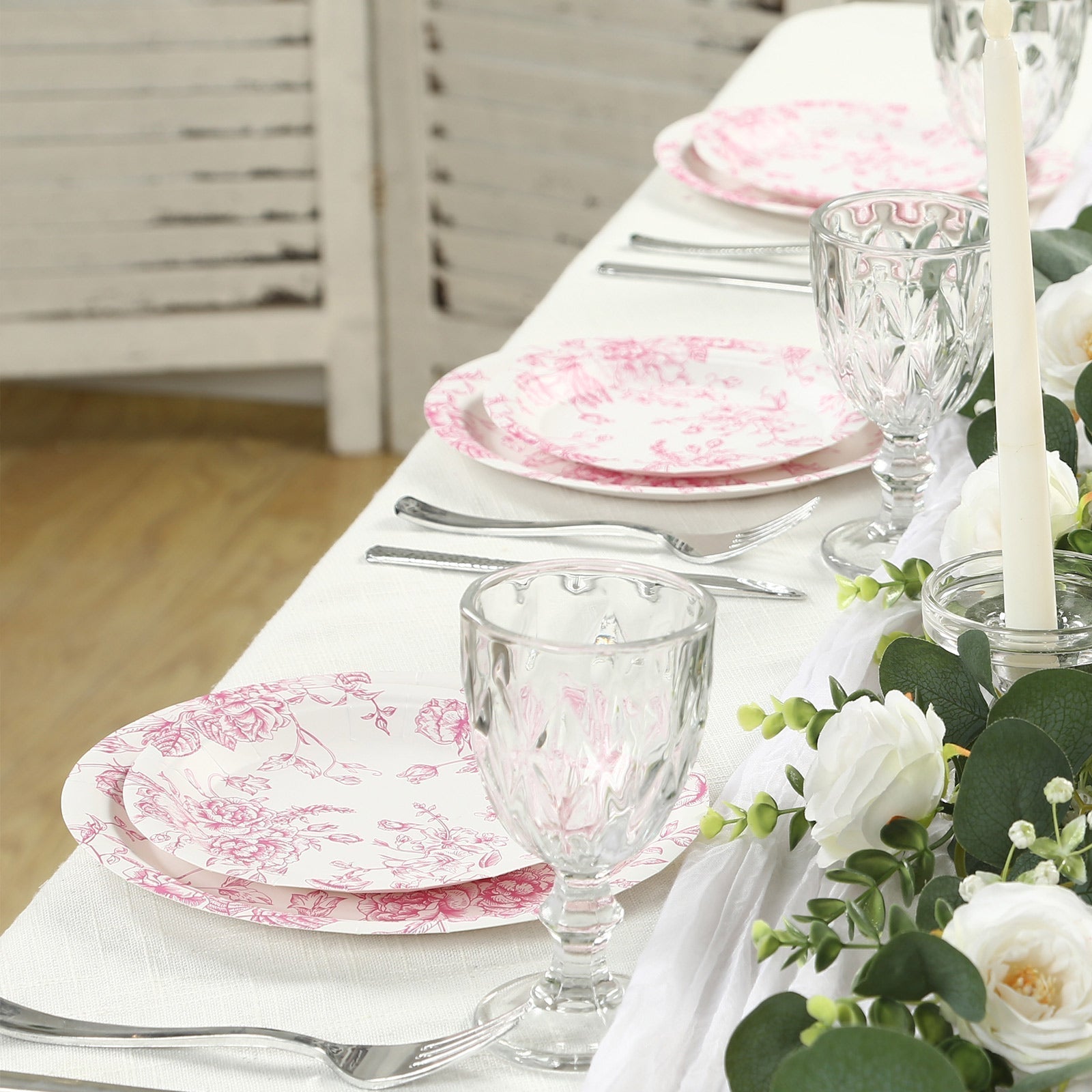 25 - Pack Paper 7" Round Dessert Plates in White with Matte Pink French Toile Pattern - Disposable Floral Salad Appetizer Plates - Bell Racket Store