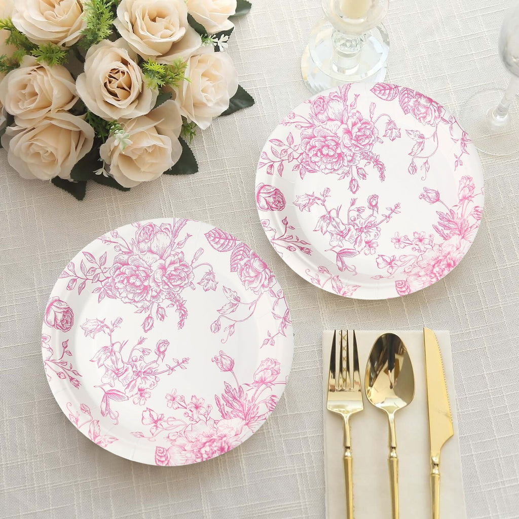 25 - Pack Paper 7" Round Dessert Plates in White with Matte Pink French Toile Pattern - Disposable Floral Salad Appetizer Plates - Bell Racket Store