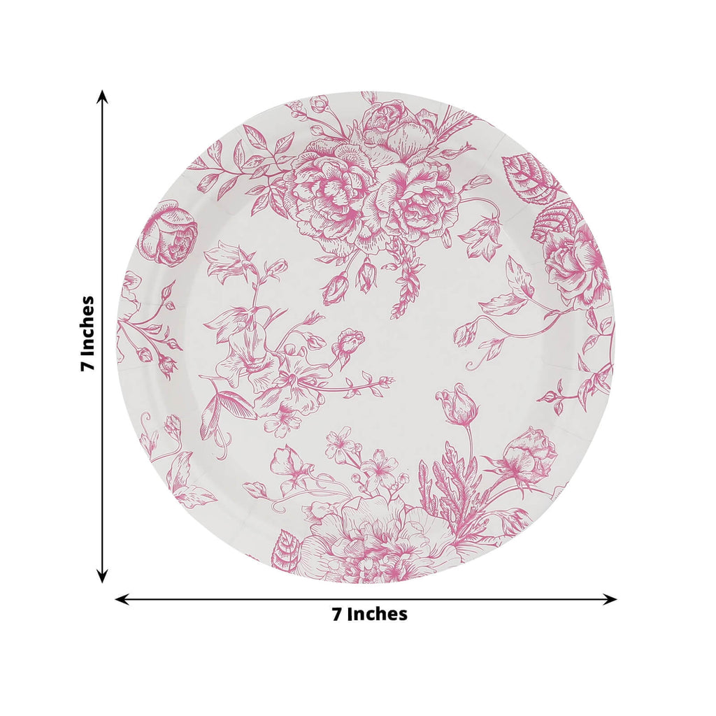 25 - Pack Paper 7" Round Dessert Plates in White with Matte Pink French Toile Pattern - Disposable Floral Salad Appetizer Plates - Bell Racket Store