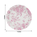 25 - Pack Paper 7" Round Dessert Plates in White with Matte Pink French Toile Pattern - Disposable Floral Salad Appetizer Plates - Bell Racket Store