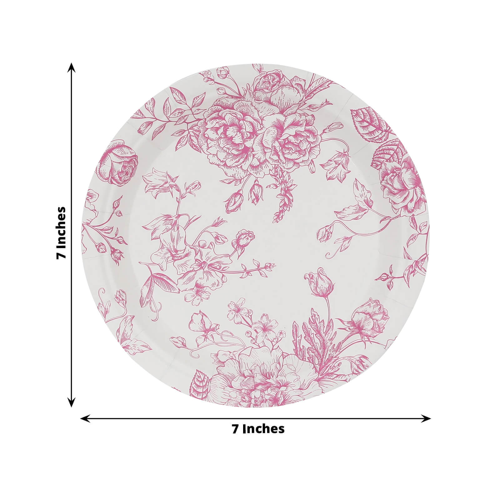 25 - Pack Paper 7" Round Dessert Plates in White with Matte Pink French Toile Pattern - Disposable Floral Salad Appetizer Plates - Bell Racket Store