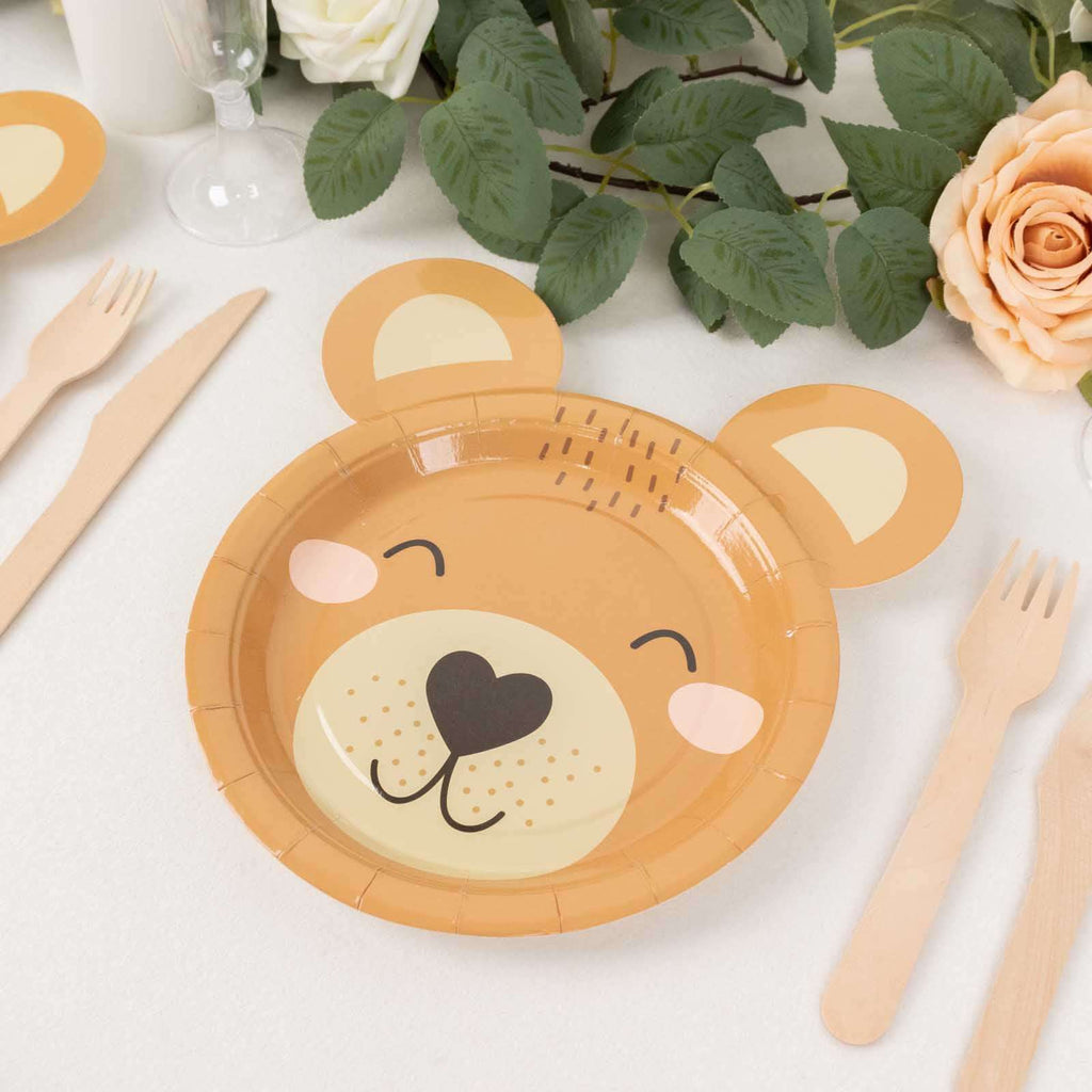 25 - Pack Paper 7" Round Plates Brown Teddy Bear Print - Disposable 300GSM Cute Bear Themed Appetizer Dessert Party Plates for Baby Shower Birthday Event Decoration - Bell Racket Store