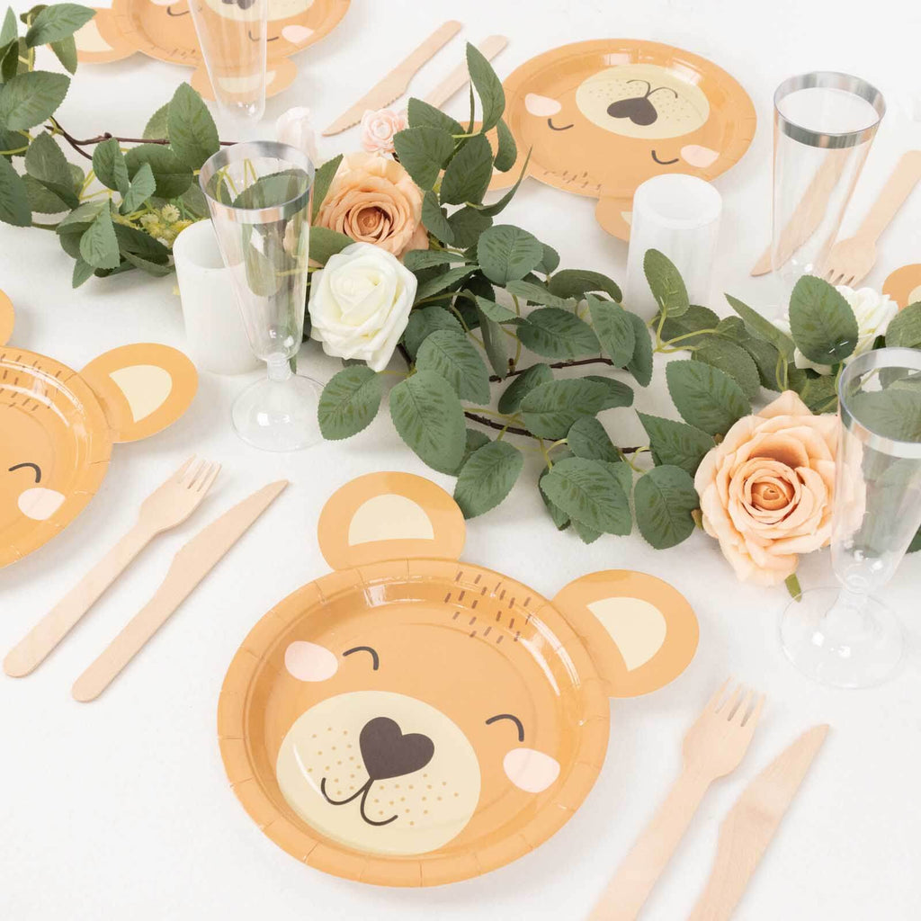 25 - Pack Paper 7" Round Plates Brown Teddy Bear Print - Disposable 300GSM Cute Bear Themed Appetizer Dessert Party Plates for Baby Shower Birthday Event Decoration - Bell Racket Store