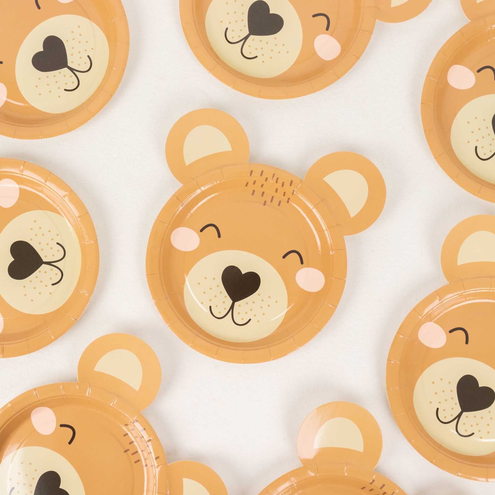 25 - Pack Paper 7" Round Plates Brown Teddy Bear Print - Disposable 300GSM Cute Bear Themed Appetizer Dessert Party Plates for Baby Shower Birthday Event Decoration - Bell Racket Store