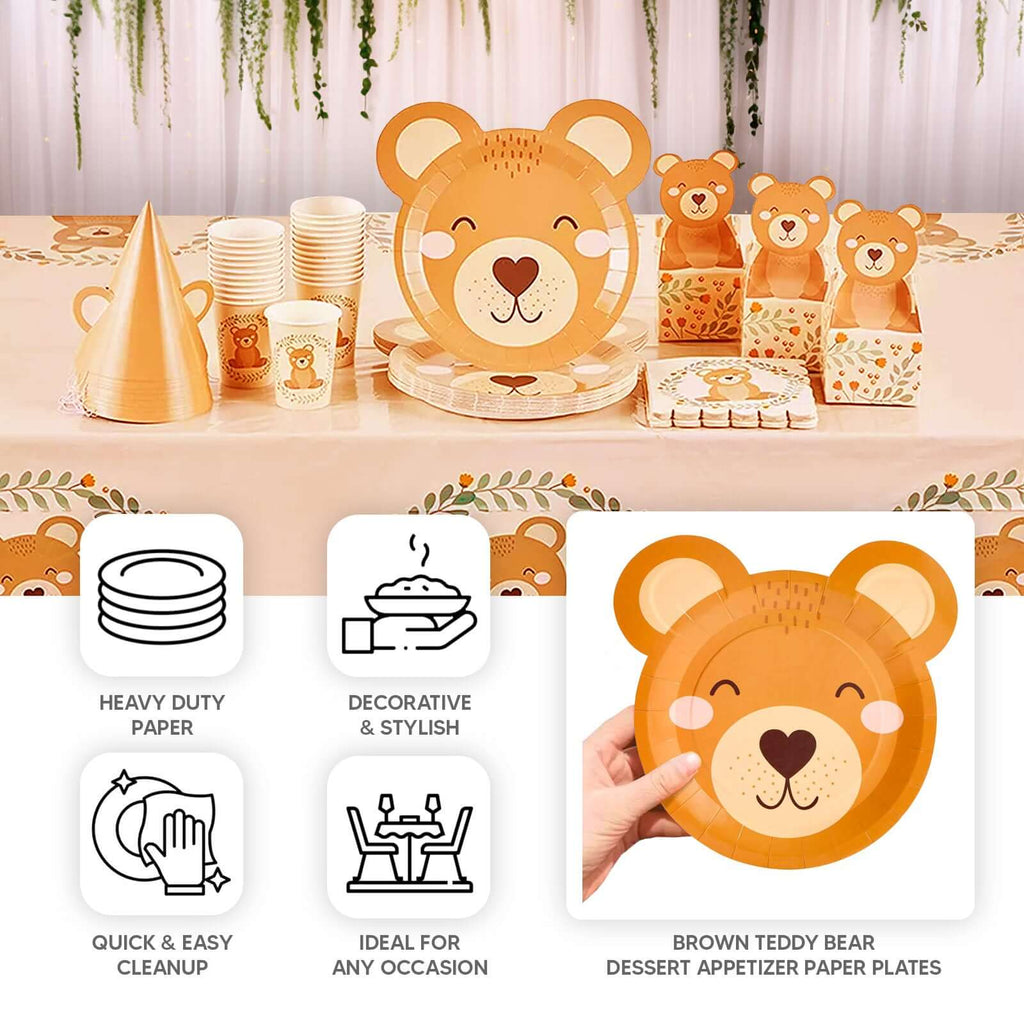 25 - Pack Paper 7" Round Plates Brown Teddy Bear Print - Disposable 300GSM Cute Bear Themed Appetizer Dessert Party Plates for Baby Shower Birthday Event Decoration - Bell Racket Store