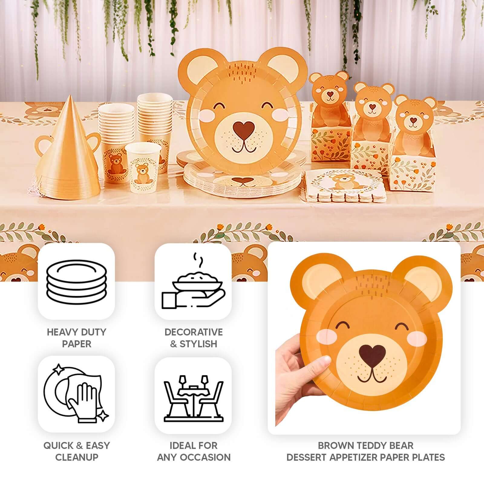 25 - Pack Paper 7" Round Plates Brown Teddy Bear Print - Disposable 300GSM Cute Bear Themed Appetizer Dessert Party Plates for Baby Shower Birthday Event Decoration - Bell Racket Store