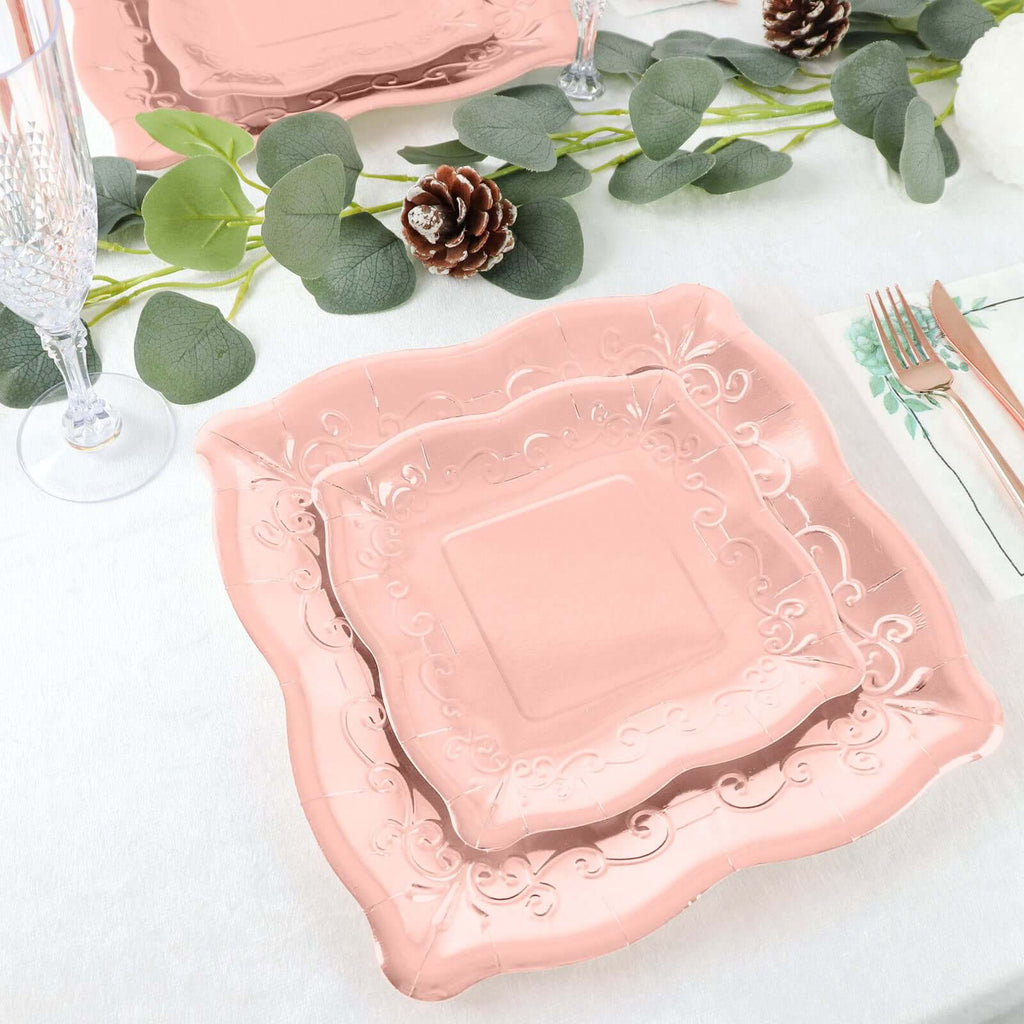 25 - Pack Paper 7" Square Dessert Plates in Rose Gold with Vintage Pottery Embossed Design - Shiny Metallic Disposable Appetizer Plates - Bell Racket Store