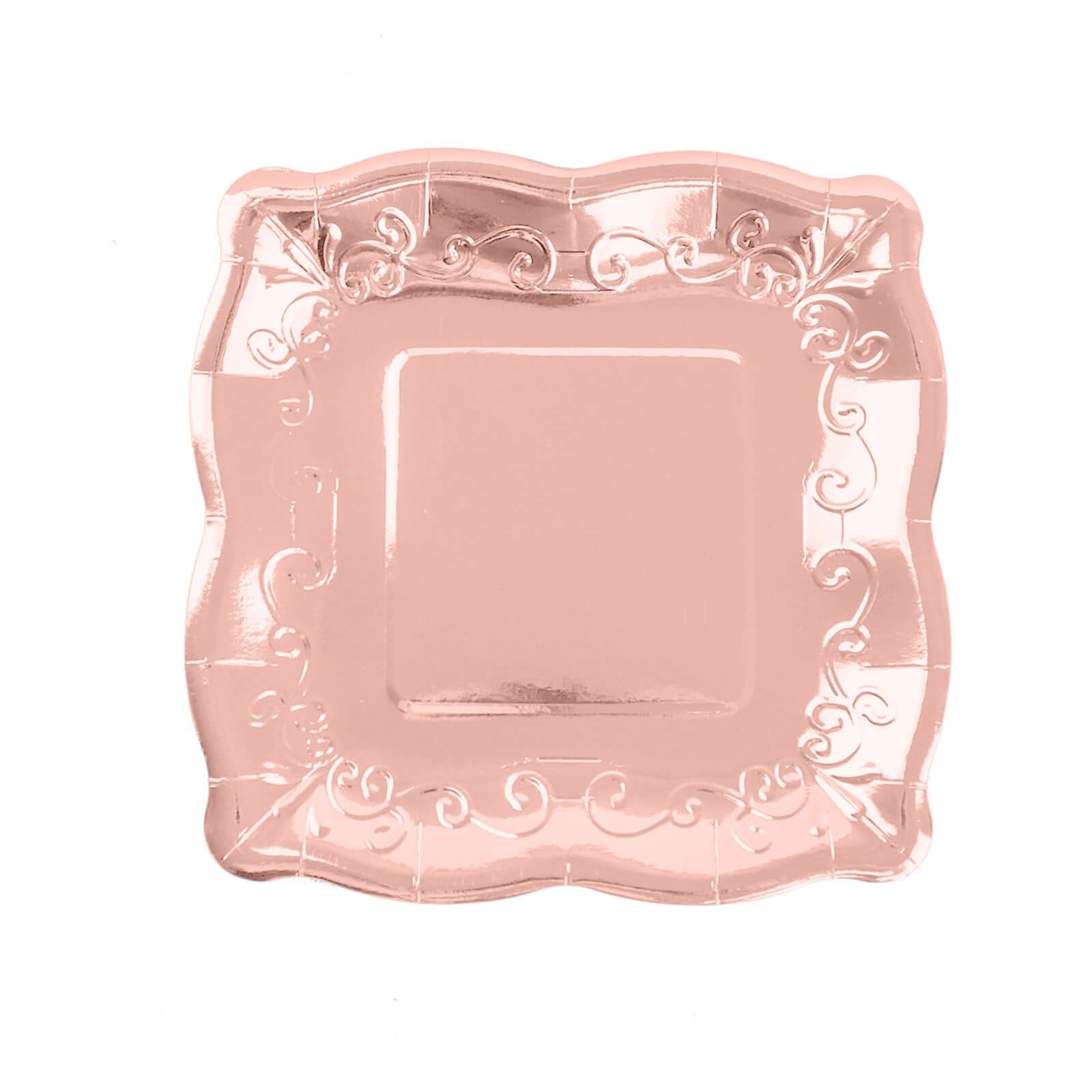 25 - Pack Paper 7" Square Dessert Plates in Rose Gold with Vintage Pottery Embossed Design - Shiny Metallic Disposable Appetizer Plates - Bell Racket Store