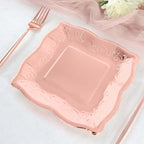 25 - Pack Paper 7" Square Dessert Plates in Rose Gold with Vintage Pottery Embossed Design - Shiny Metallic Disposable Appetizer Plates - Bell Racket Store