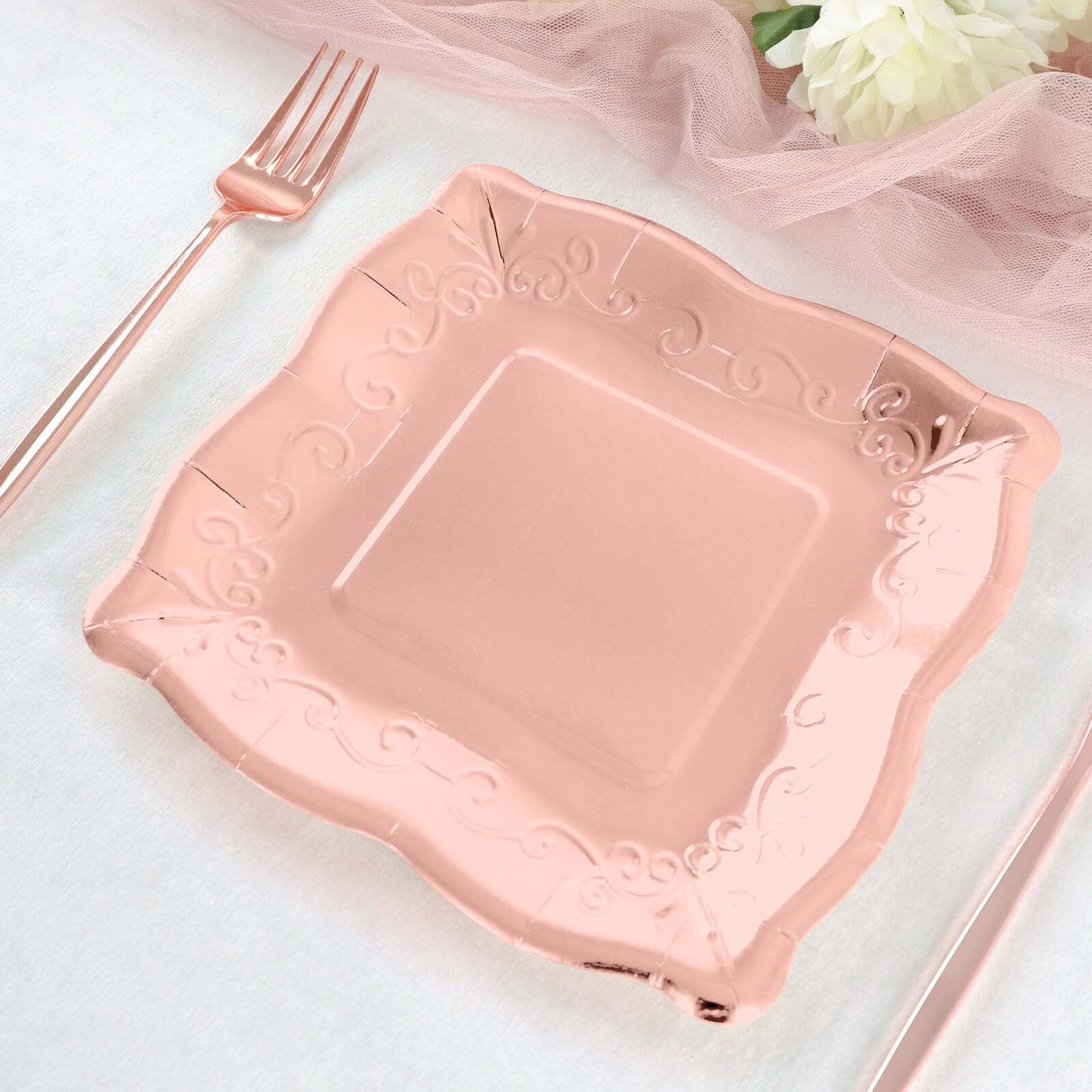 25 - Pack Paper 7" Square Dessert Plates in Rose Gold with Vintage Pottery Embossed Design - Shiny Metallic Disposable Appetizer Plates - Bell Racket Store