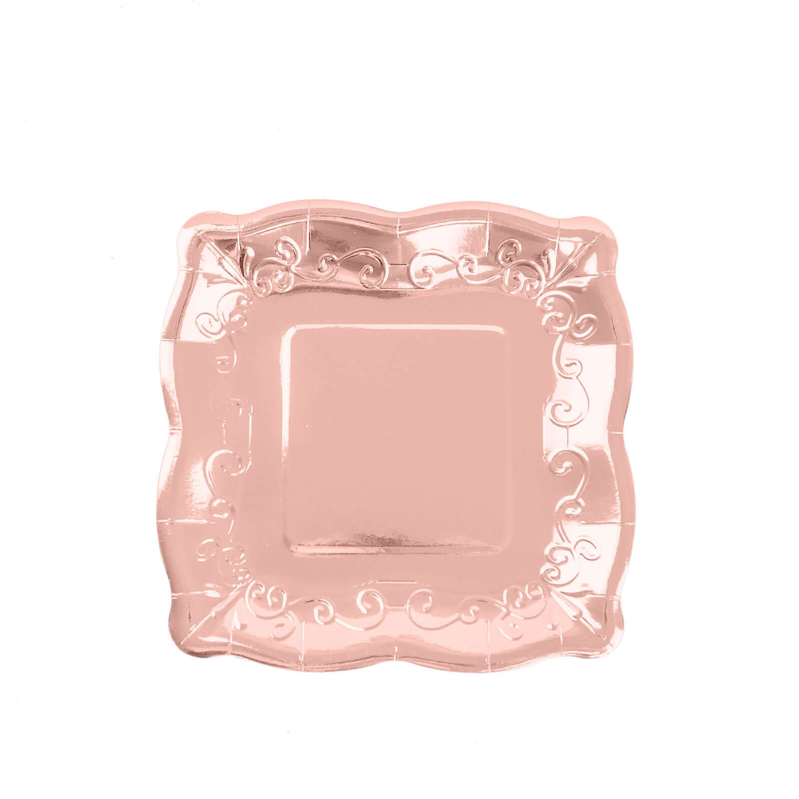 25 - Pack Paper 7" Square Dessert Plates in Rose Gold with Vintage Pottery Embossed Design - Shiny Metallic Disposable Appetizer Plates - Bell Racket Store