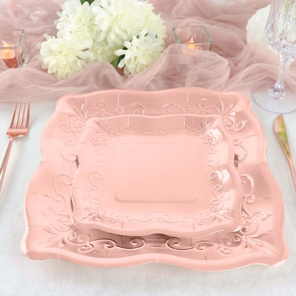25 - Pack Paper 7" Square Dessert Plates in Rose Gold with Vintage Pottery Embossed Design - Shiny Metallic Disposable Appetizer Plates - Bell Racket Store