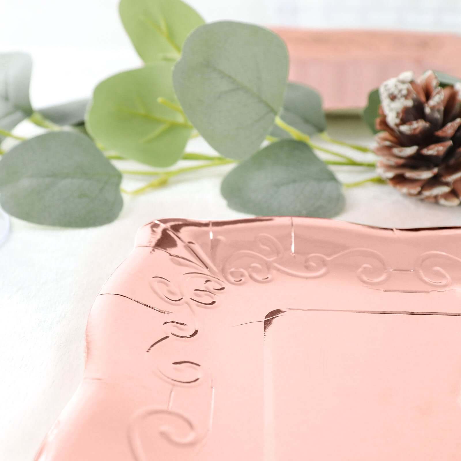 25 - Pack Paper 7" Square Dessert Plates in Rose Gold with Vintage Pottery Embossed Design - Shiny Metallic Disposable Appetizer Plates - Bell Racket Store