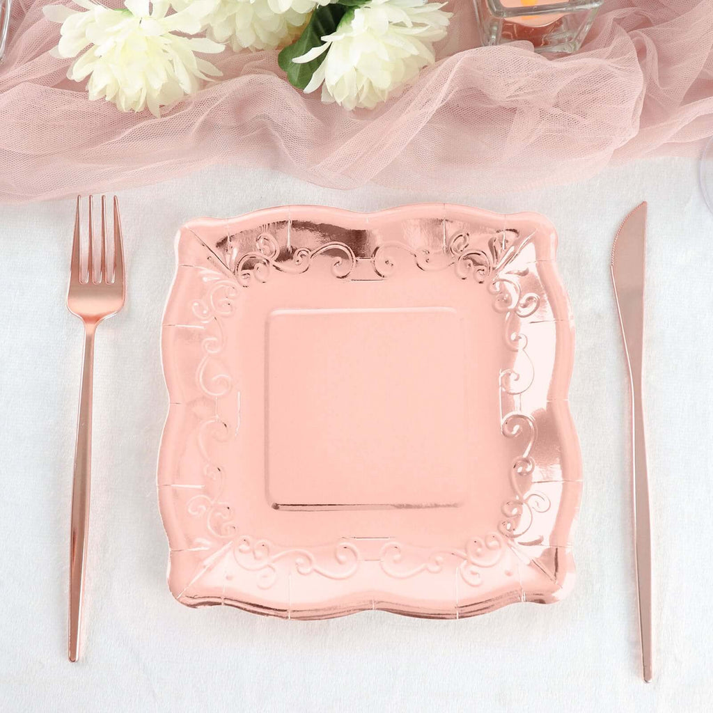 25 - Pack Paper 7" Square Dessert Plates in Rose Gold with Vintage Pottery Embossed Design - Shiny Metallic Disposable Appetizer Plates - Bell Racket Store
