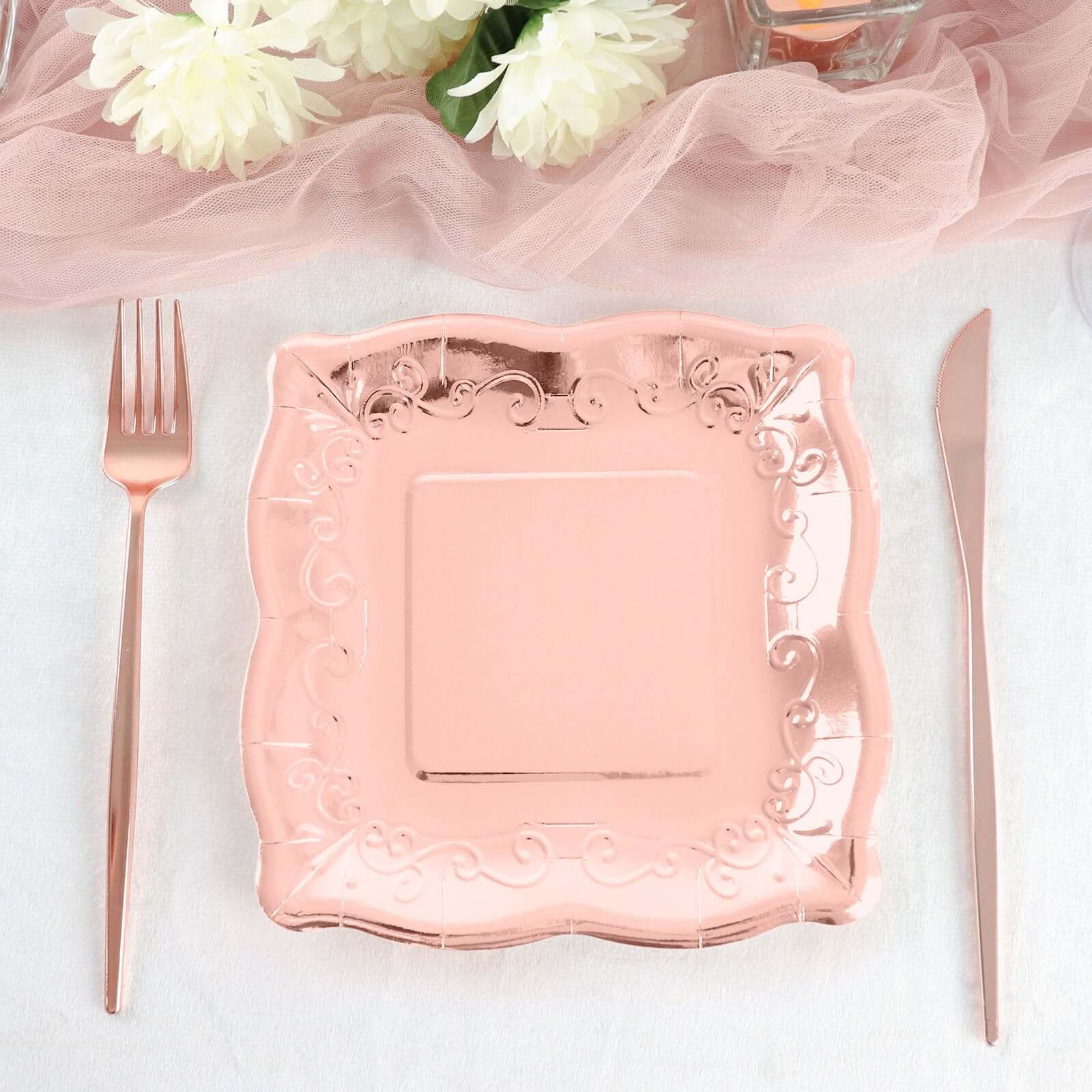 25 - Pack Paper 7" Square Dessert Plates in Rose Gold with Vintage Pottery Embossed Design - Shiny Metallic Disposable Appetizer Plates - Bell Racket Store