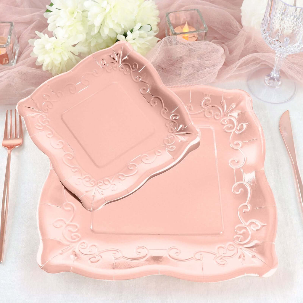 25 - Pack Paper 7" Square Dessert Plates in Rose Gold with Vintage Pottery Embossed Design - Shiny Metallic Disposable Appetizer Plates - Bell Racket Store
