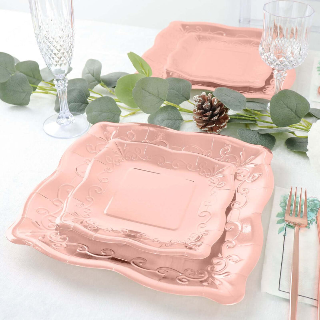25 - Pack Paper 7" Square Dessert Plates in Rose Gold with Vintage Pottery Embossed Design - Shiny Metallic Disposable Appetizer Plates - Bell Racket Store