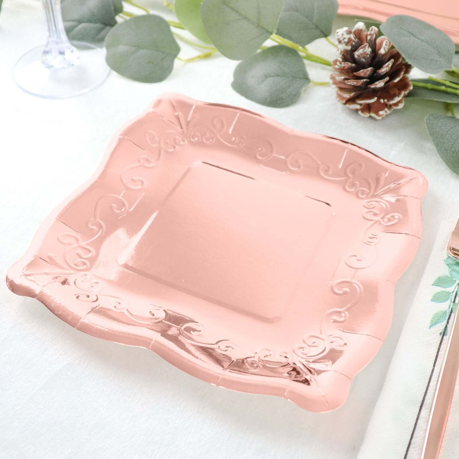 25 - Pack Paper 7" Square Dessert Plates in Rose Gold with Vintage Pottery Embossed Design - Shiny Metallic Disposable Appetizer Plates - Bell Racket Store