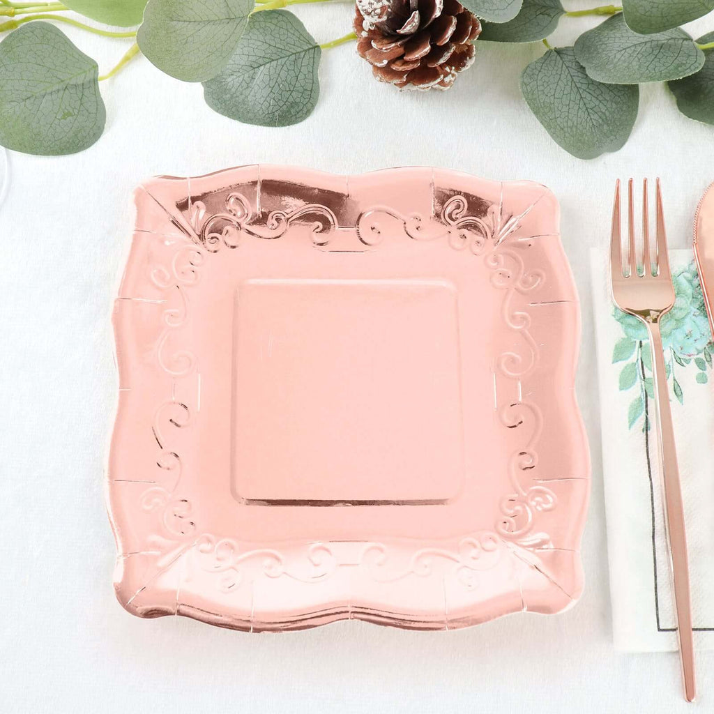 25 - Pack Paper 7" Square Dessert Plates in Rose Gold with Vintage Pottery Embossed Design - Shiny Metallic Disposable Appetizer Plates - Bell Racket Store