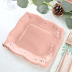 25 - Pack Paper 7" Square Dessert Plates in Rose Gold with Vintage Pottery Embossed Design - Shiny Metallic Disposable Appetizer Plates - Bell Racket Store
