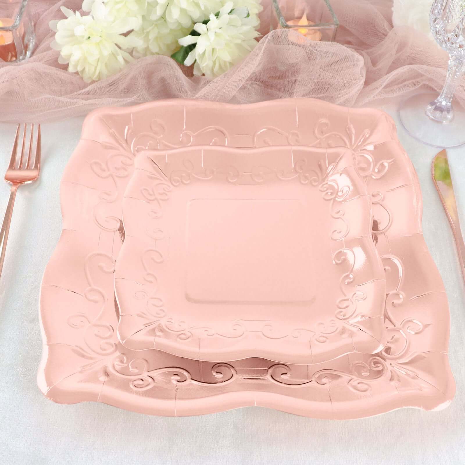 25 - Pack Paper 7" Square Dessert Plates in Rose Gold with Vintage Pottery Embossed Design - Shiny Metallic Disposable Appetizer Plates - Bell Racket Store