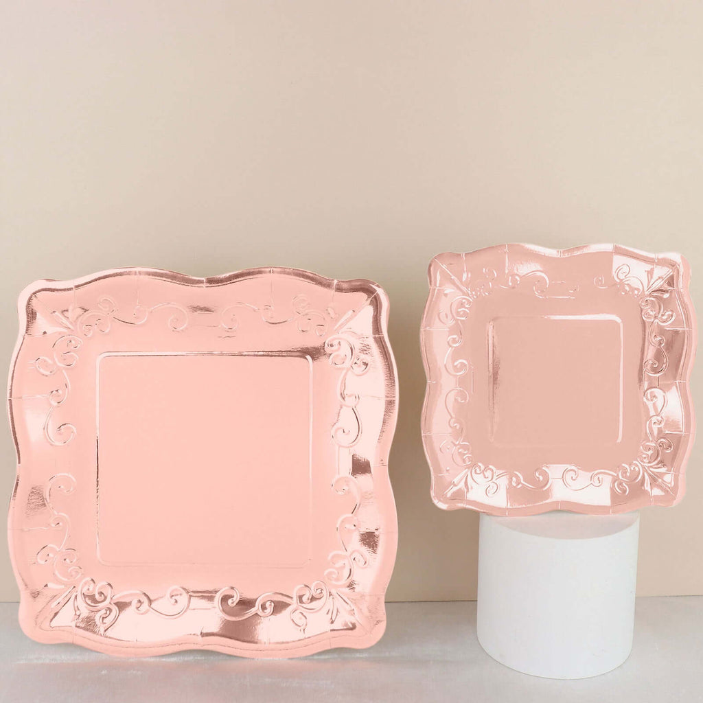 25 - Pack Paper 7" Square Dessert Plates in Rose Gold with Vintage Pottery Embossed Design - Shiny Metallic Disposable Appetizer Plates - Bell Racket Store