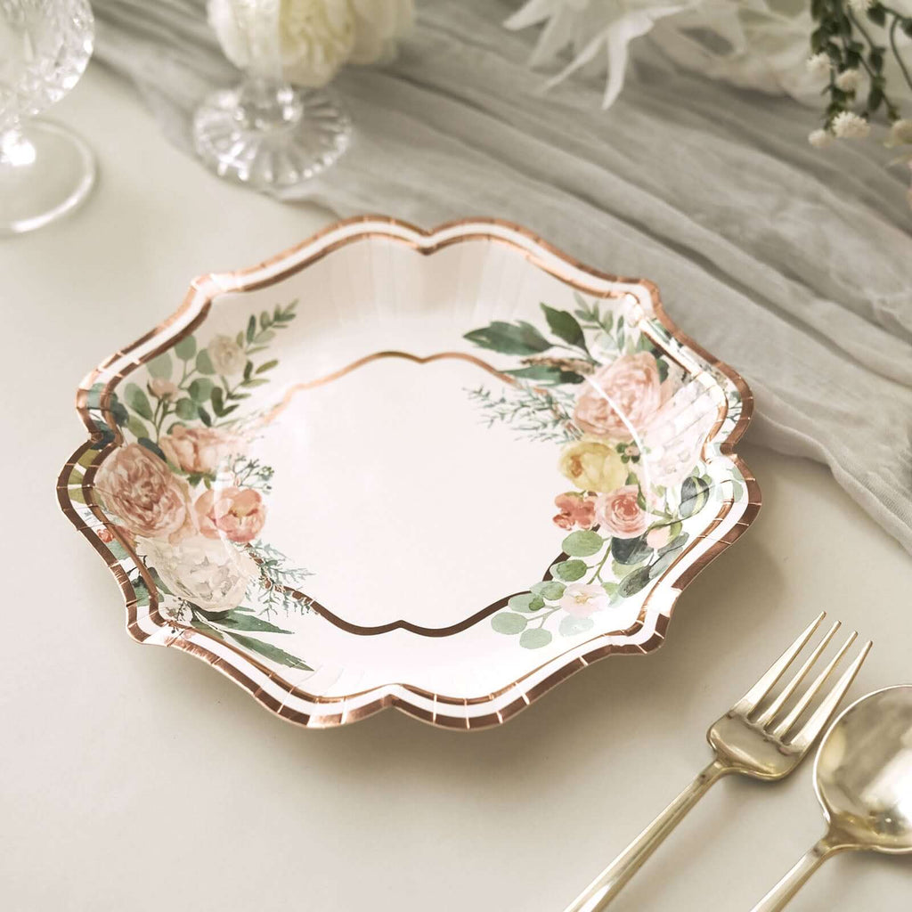 25 - Pack Paper 8" Dessert Plates in White with Floral Print & Rose Gold Scallop Rim - Disposable 300GSM Appetizer Salad Plates - Bell Racket Store