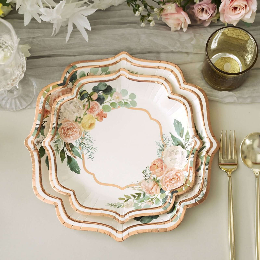25 - Pack Paper 8" Dessert Plates in White with Floral Print & Rose Gold Scallop Rim - Disposable 300GSM Appetizer Salad Plates - Bell Racket Store