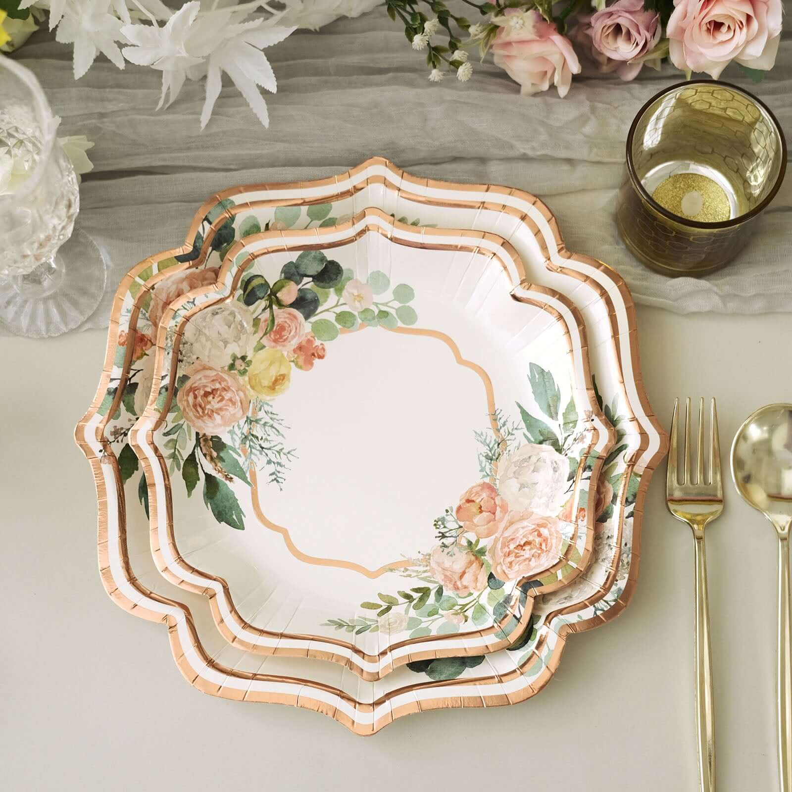 25 - Pack Paper 8" Dessert Plates in White with Floral Print & Rose Gold Scallop Rim - Disposable 300GSM Appetizer Salad Plates - Bell Racket Store