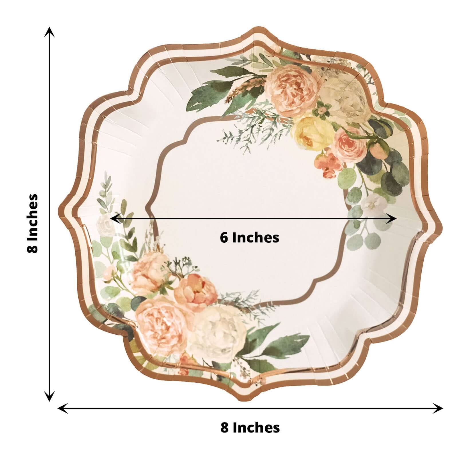 25 - Pack Paper 8" Dessert Plates in White with Floral Print & Rose Gold Scallop Rim - Disposable 300GSM Appetizer Salad Plates - Bell Racket Store