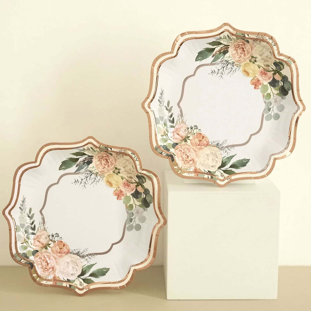 25 - Pack Paper 8" Dessert Plates in White with Floral Print & Rose Gold Scallop Rim - Disposable 300GSM Appetizer Salad Plates - Bell Racket Store