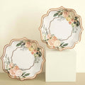 25 - Pack Paper 8" Dessert Plates in White with Floral Print & Rose Gold Scallop Rim - Disposable 300GSM Appetizer Salad Plates - Bell Racket Store