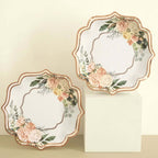 25 - Pack Paper 8" Dessert Plates in White with Floral Print & Rose Gold Scallop Rim - Disposable 300GSM Appetizer Salad Plates - Bell Racket Store