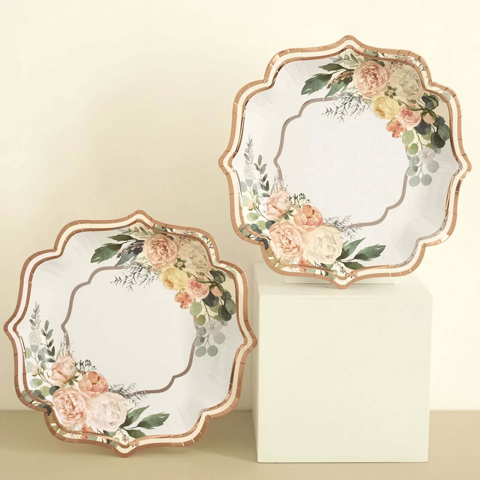 25 - Pack Paper 8" Dessert Plates in White with Floral Print & Rose Gold Scallop Rim - Disposable 300GSM Appetizer Salad Plates - Bell Racket Store