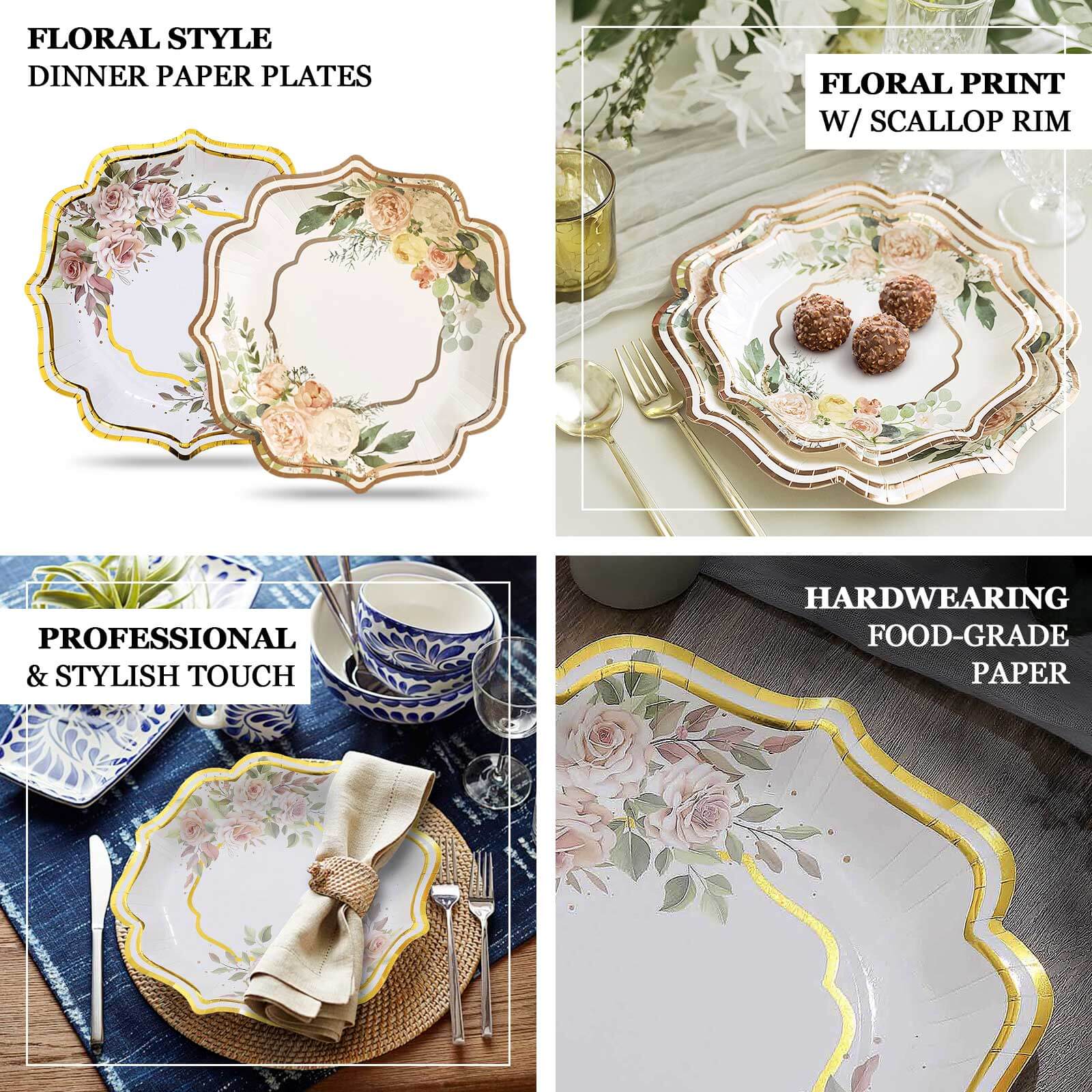 25 - Pack Paper 8" Dessert Plates in White with Floral Print & Rose Gold Scallop Rim - Disposable 300GSM Appetizer Salad Plates - Bell Racket Store
