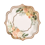 25 - Pack Paper 8" Dessert Plates in White with Floral Print & Rose Gold Scallop Rim - Disposable 300GSM Appetizer Salad Plates - Bell Racket Store