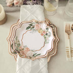 25 - Pack Paper 8" Dessert Plates in White with Floral Print & Rose Gold Scallop Rim - Disposable 300GSM Appetizer Salad Plates - Bell Racket Store