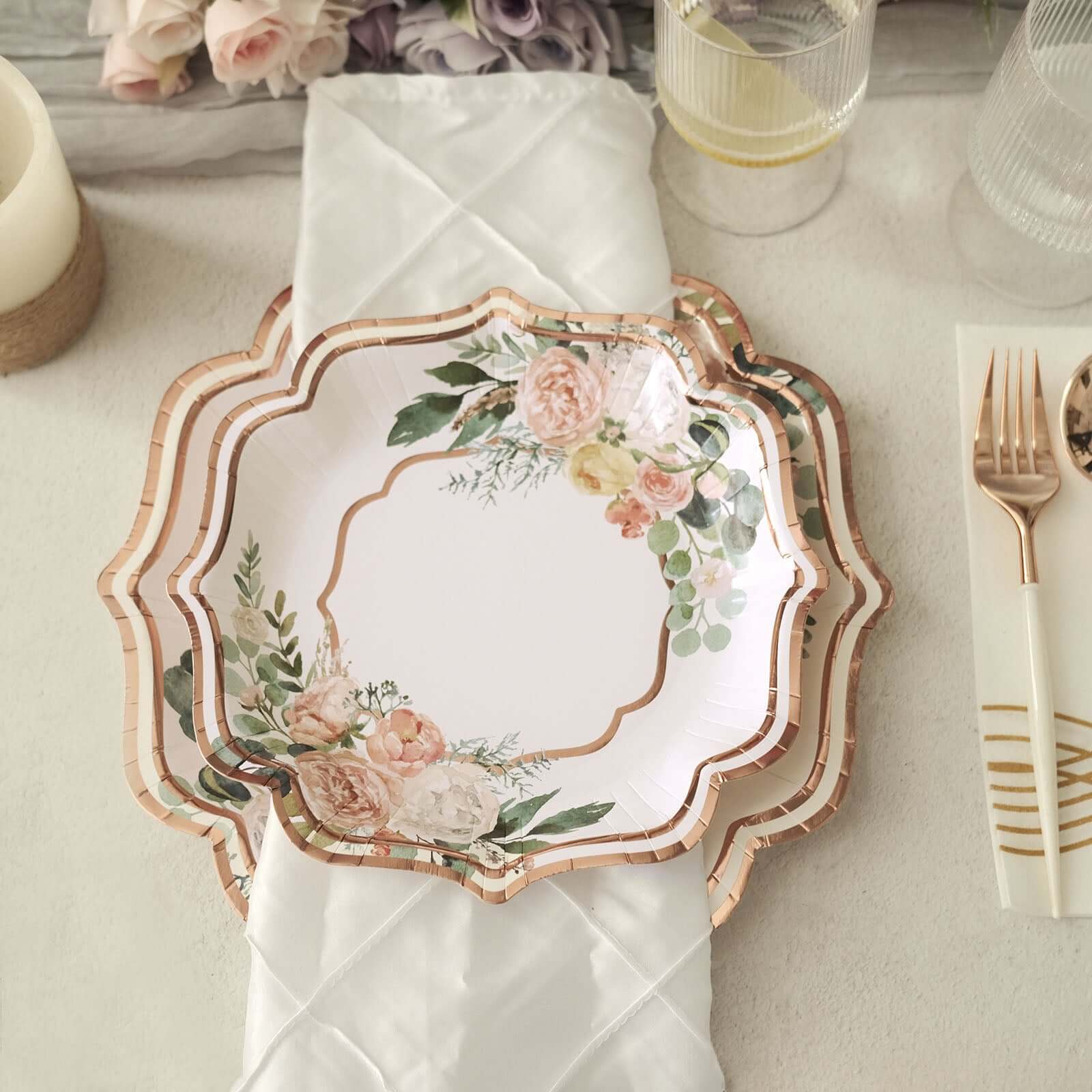 25 - Pack Paper 8" Dessert Plates in White with Floral Print & Rose Gold Scallop Rim - Disposable 300GSM Appetizer Salad Plates - Bell Racket Store