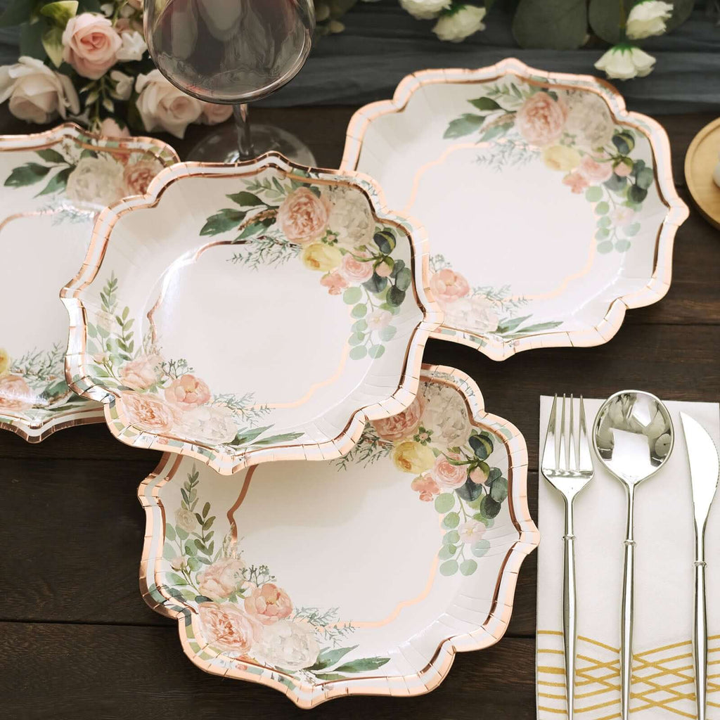 25 - Pack Paper 8" Dessert Plates in White with Floral Print & Rose Gold Scallop Rim - Disposable 300GSM Appetizer Salad Plates - Bell Racket Store