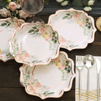 25 - Pack Paper 8" Dessert Plates in White with Floral Print & Rose Gold Scallop Rim - Disposable 300GSM Appetizer Salad Plates - Bell Racket Store