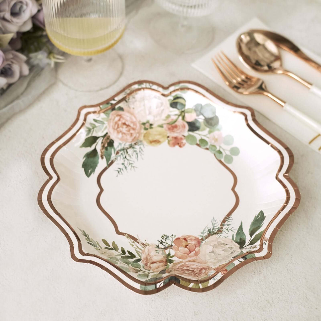 25 - Pack Paper 8" Dessert Plates in White with Floral Print & Rose Gold Scallop Rim - Disposable 300GSM Appetizer Salad Plates - Bell Racket Store