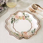 25 - Pack Paper 8" Dessert Plates in White with Floral Print & Rose Gold Scallop Rim - Disposable 300GSM Appetizer Salad Plates - Bell Racket Store