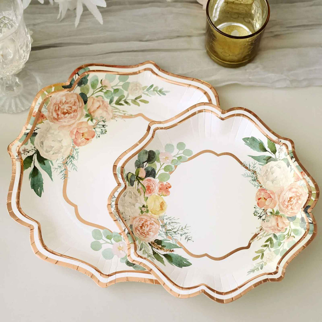 25 - Pack Paper 8" Dessert Plates in White with Floral Print & Rose Gold Scallop Rim - Disposable 300GSM Appetizer Salad Plates - Bell Racket Store