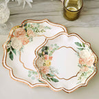 25 - Pack Paper 8" Dessert Plates in White with Floral Print & Rose Gold Scallop Rim - Disposable 300GSM Appetizer Salad Plates - Bell Racket Store