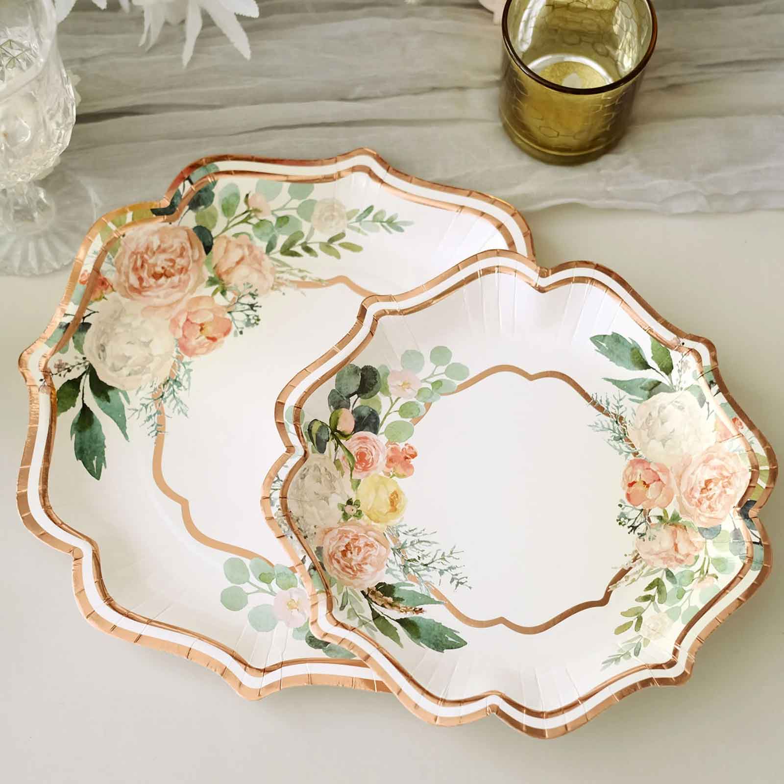 25 - Pack Paper 8" Dessert Plates in White with Floral Print & Rose Gold Scallop Rim - Disposable 300GSM Appetizer Salad Plates - Bell Racket Store