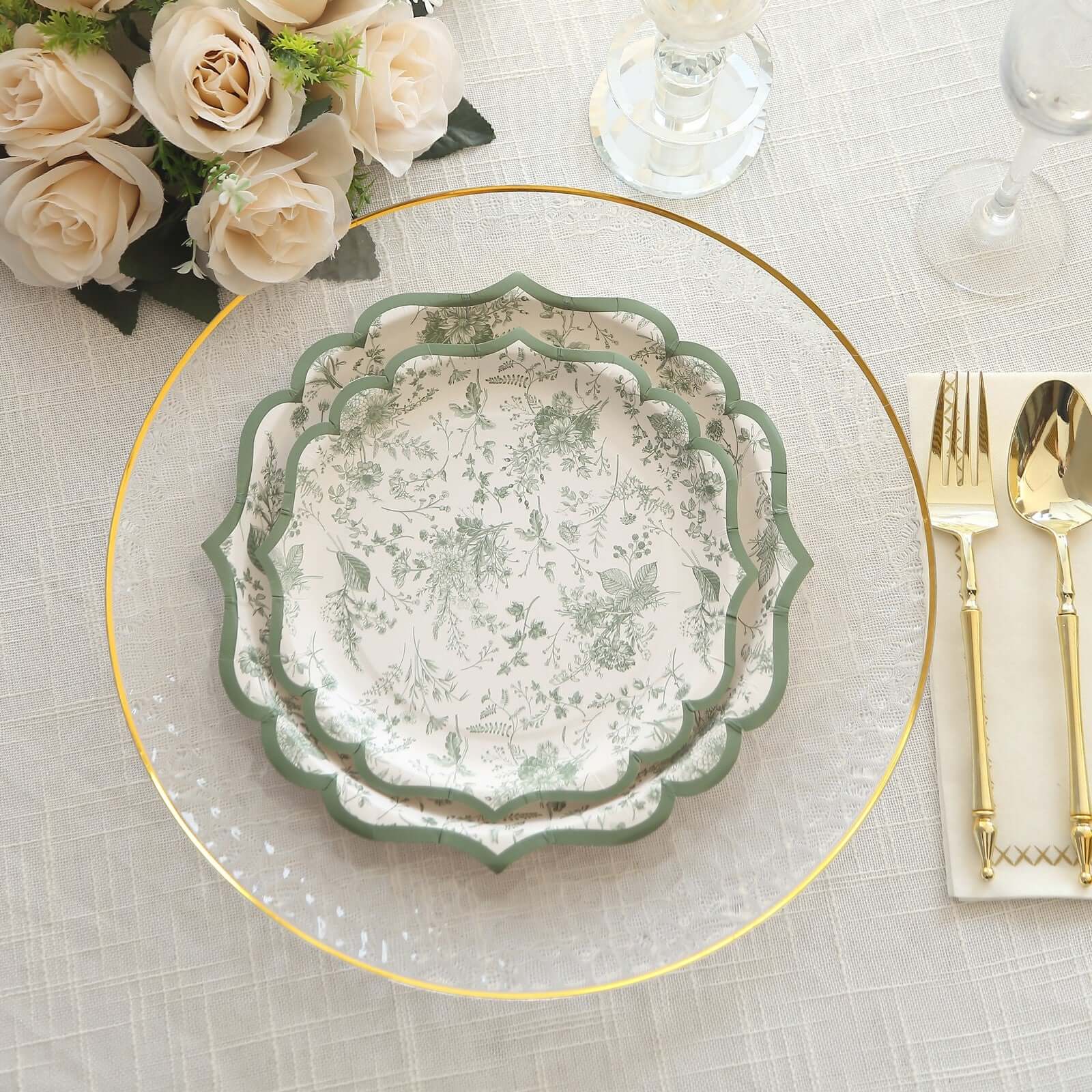 25 - Pack Paper 8" Dessert Plates in White with Sage Green French Toile Design & Scalloped Rim - Disposable 300GSM Salad Appetizer Plates for Stylish Table Decor - Bell Racket Store