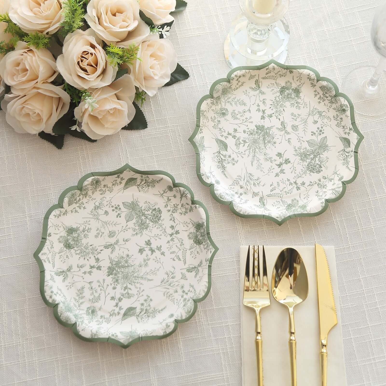 25 - Pack Paper 8" Dessert Plates in White with Sage Green French Toile Design & Scalloped Rim - Disposable 300GSM Salad Appetizer Plates for Stylish Table Decor - Bell Racket Store