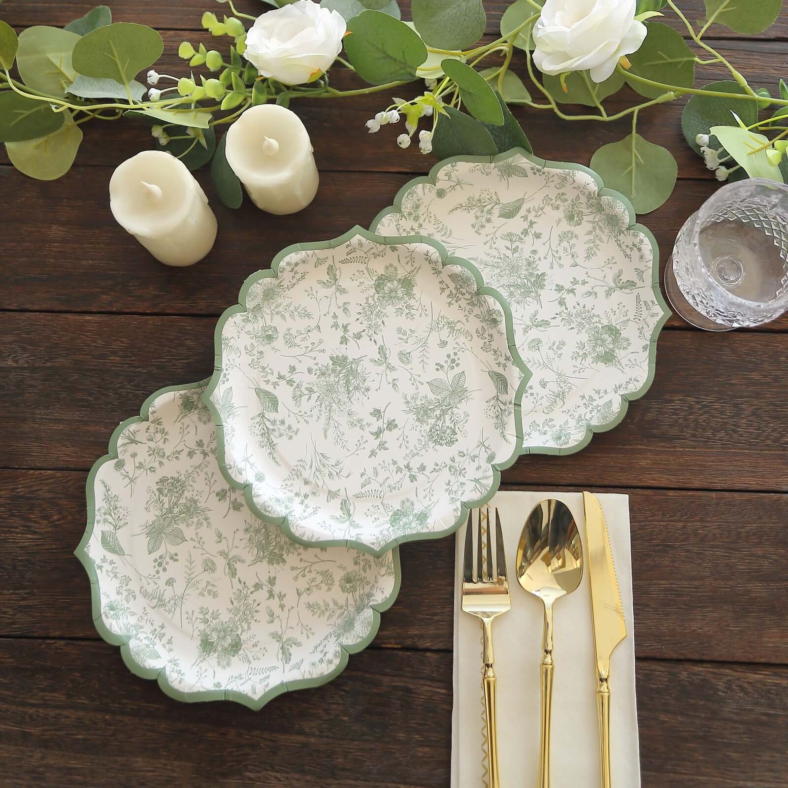 25 - Pack Paper 8" Dessert Plates in White with Sage Green French Toile Design & Scalloped Rim - Disposable 300GSM Salad Appetizer Plates for Stylish Table Decor - Bell Racket Store