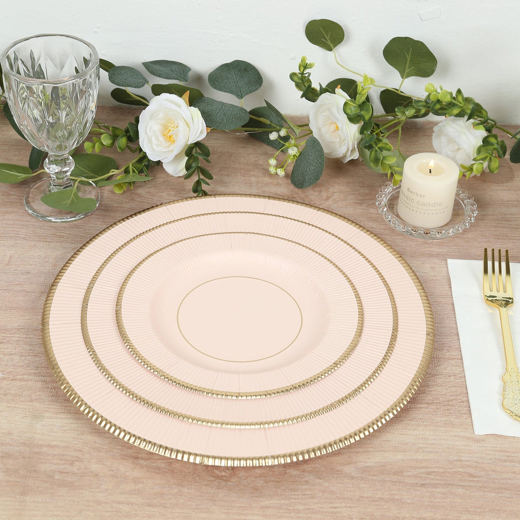 25 - Pack Paper 8" Round Dessert Plates in Blush Sunray Design with Gold Rim - Disposable Heavy Duty 350GSM Appetizer Salad Plates - Bell Racket Store